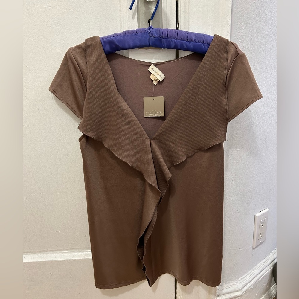 Brown Ruffle-Front Women's Top